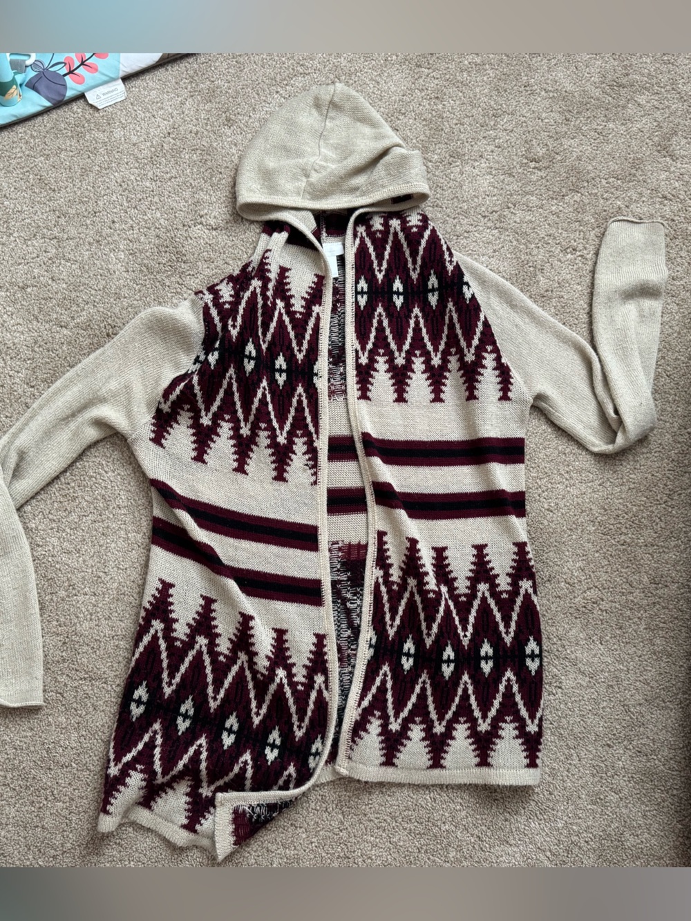 Beige Hooded Aztec Knit Cardigan Sweater - Women's